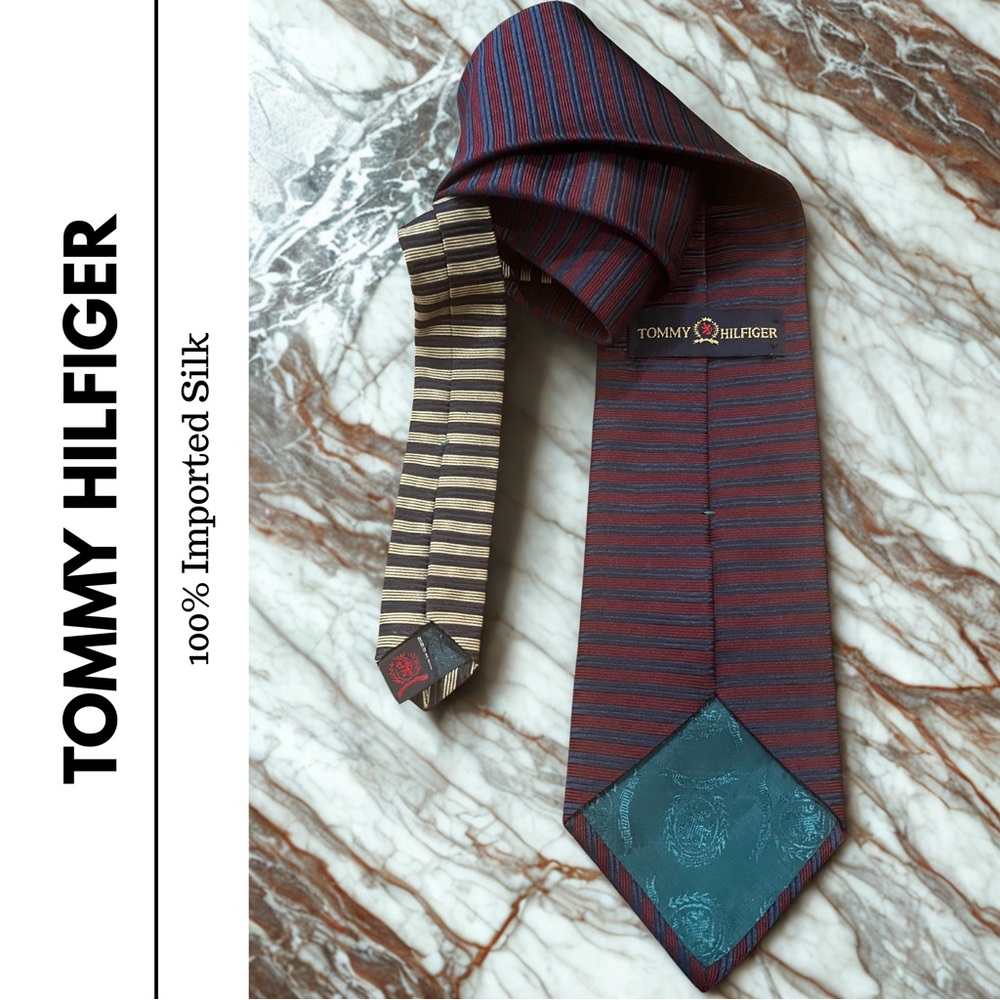 Tommy Hilfiger Vintage Burgundy and Navy Striped Silk Tie